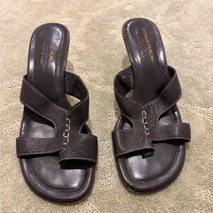 Donald J. Pliner Ivonna Dark Brown Grained Leather Squaretoe Kitten Heel Sandals